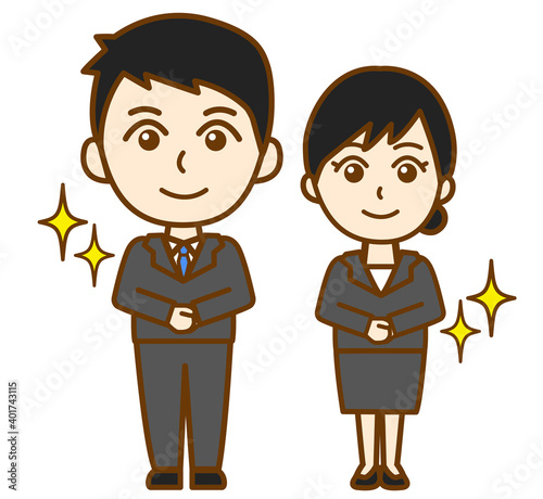 リクルートスーツ姿で立っている男女ペアの全身