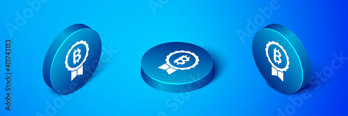 Isometric Cryptocurrency coin Bitcoin icon isolated on blue background. Physical bit coin. Blockchain based secure crypto currency. Blue circle button. Vector.