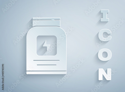Paper cut Sports nutrition bodybuilding proteine power drink and food icon isolated on grey background. Paper art style. Vector.