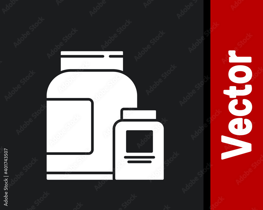 White Sports nutrition bodybuilding proteine power drink and food icon isolated on black background. Vector. White Sports nutrition bodybuilding proteine power drink and food icon isolated on black background. Vector.