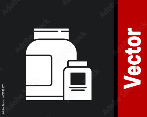 White Sports nutrition bodybuilding proteine power drink and food icon isolated on black background. Vector.