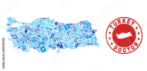 Vector collage Turkey map with vaccine icons, medicine symbols, and grunge health care watermark. Red round seal with corroded rubber texture and Turkey map word and map.