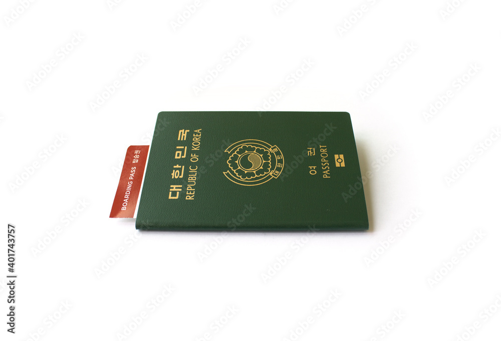 Republic of Korea passport and boarding pass isolated white background. Republic of Korea passport and boarding pass isolated white background.