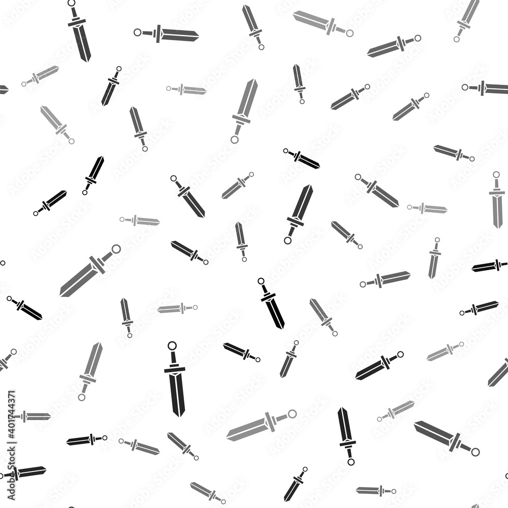 Black Medieval sword icon isolated seamless pattern on white background. Medieval weapon. Vector. Black Medieval sword icon isolated seamless pattern on white background. Medieval weapon. Vector.