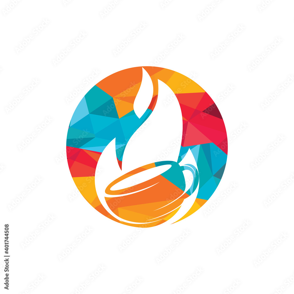 Fire flame hot roasted coffee logo design. Hot coffee shop logo with mug cup and fire flame icon design.