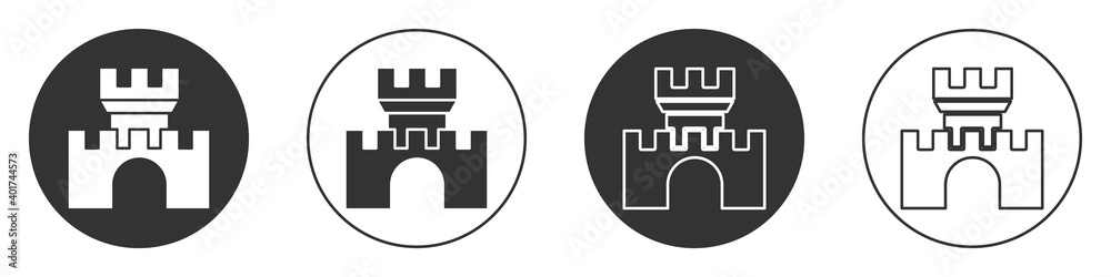 Black Castle icon isolated on white background. Medieval fortress with ...