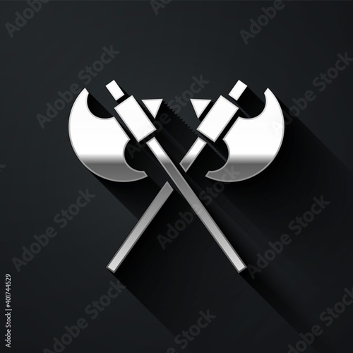 Silver Crossed medieval axes icon isolated on black background. Battle axe, executioner axe. Medieval weapon. Long shadow style. Vector.