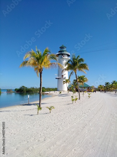 Lighthouse on a beach with palm trees