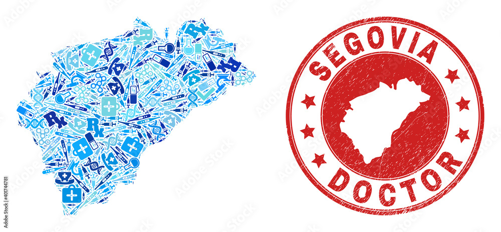 Vector mosaic Segovia Province map with vaccine icons, chemical symbols, and grunge doctor seal stamp. Red round stamp with grunge rubber texture and Segovia Province map word and map.