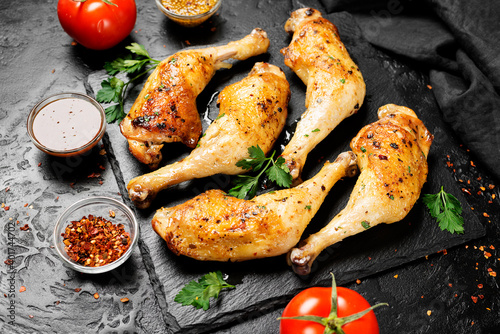 Grilled chicken legs with spices on black background.