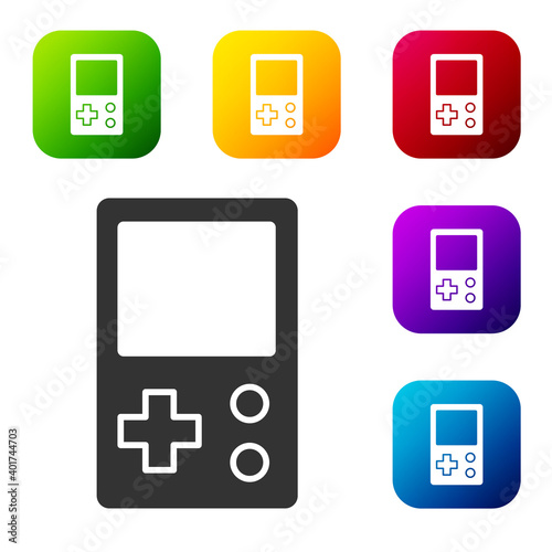 Black Portable tetris electronic game icon isolated on white background. Vintage style pocket brick game. Interactive playing device. Set icons in color square buttons. Vector.