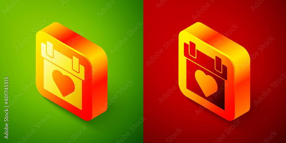 Isometric Calendar icon isolated on green and red background. Event reminder symbol. Square button. Vector. Isometric Calendar icon isolated on green and red background. Event reminder symbol. Square button. Vector.