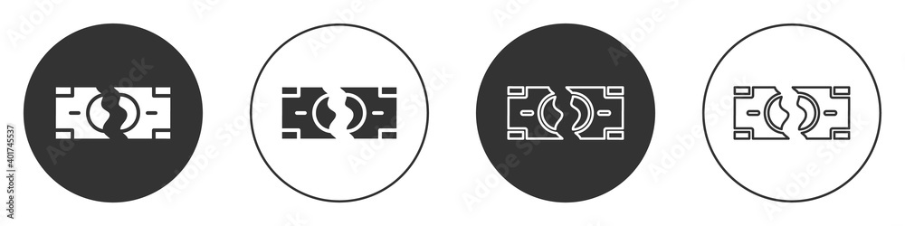 Black Tearing apart money banknote into two peaces icon isolated on white background. Circle button. Vector. Black Tearing apart money banknote into two peaces icon isolated on white background. Circle button. Vector.