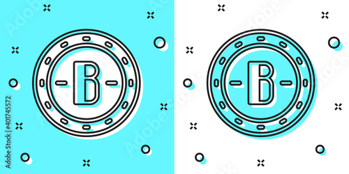 Black line Cryptocurrency coin Bitcoin icon isolated on green and white background. Physical bit coin. Blockchain based secure crypto currency. Random dynamic shapes. Vector.