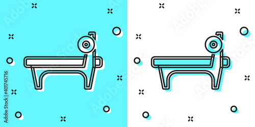 Black line Bench with barbel icon isolated on green and white background. Gym equipment. Bodybuilding, powerlifting, fitness concept. Random dynamic shapes. Vector.