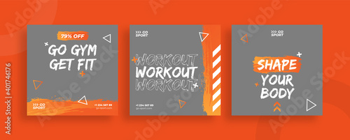 Set of editable templates for Instagram post, Facebook square, social media, gym, sport, advertisement, and business promotion, fresh design with orange color and minimalist vector (1/3)