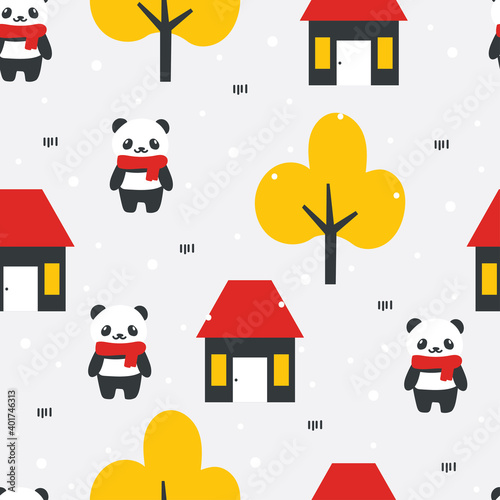 Wallpaper Mural Seamless pattern with cute cartoon panda, house, tree for fabric print, textile, gift wrapping paper. colorful vector for kids, flat style Torontodigital.ca