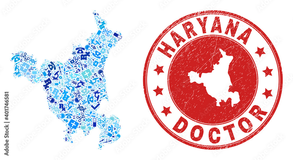 Vector collage Haryana State map with vaccination icons, hospital symbols, and grunge health care rubber imitation. Red round stamp with grunge rubber texture and Haryana State map text and map. Vector collage Haryana State map with vaccination icons, hospital symbols, and grunge health care rubber imitation. Red round stamp with grunge rubber texture and Haryana State map text and map.