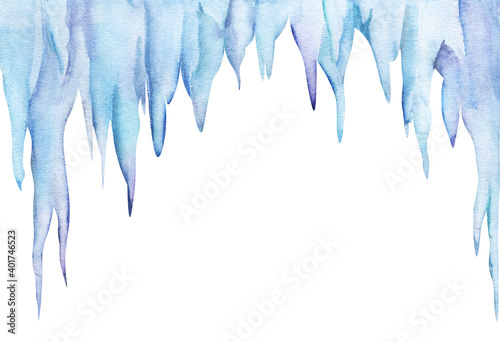 Watercolor upper border template. Hanging massive block of sharp frozen icicles. Pure blue stalactites on white background. Hand drawn winter illustration with place for text