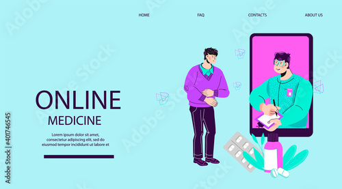 Doctor online and telemedicine website banner template. Man with stomach ache getting medical advice of doctors remotely, flat cartoon vector illustration.