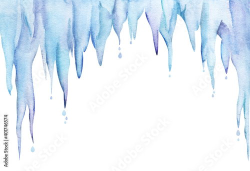 Watercolor upper border template. Hanging massive block of melting icicles with falling drops of pure water. Blue stalactites on white background. Hand drawn winter illustration with place for text