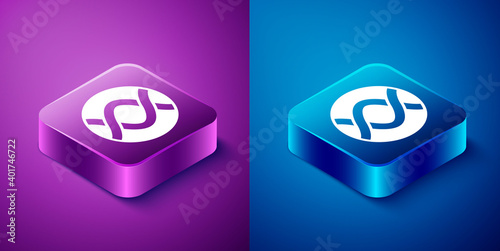 Isometric DNA symbol icon isolated on blue and purple background. Genetic engineering, genetics testing, cloning, paternity testing. Square button. Vector.