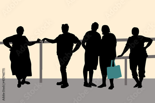 5 Women. Black vector silhouettes of overweight adult women in summer clothes outdoors while relaxing on a walk. A lady in a dress with a bag in her hand, standing near the railing in full growth.