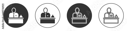 Black Receptionist standing at hotel reception desk icon isolated on white background. Circle button. Vector.