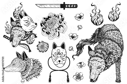 Set of fox tattoo by hand drawing.Fox Hand Screen Printed T Shirt.Vector tattoo chinese style
