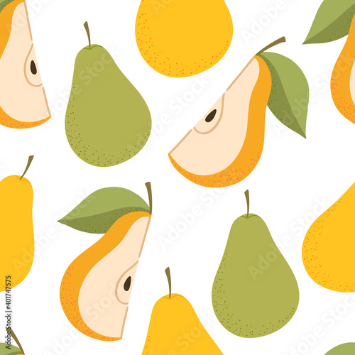 Seamless pattern with hand drawn pears and leaves for fabric, textile, wrapping, apparel, wallpaper. Kids background with fruits.