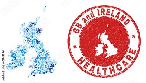 Vector mosaic Great Britain and Ireland map with medical icons, analysis symbols, and grunge doctor rubber imitation.