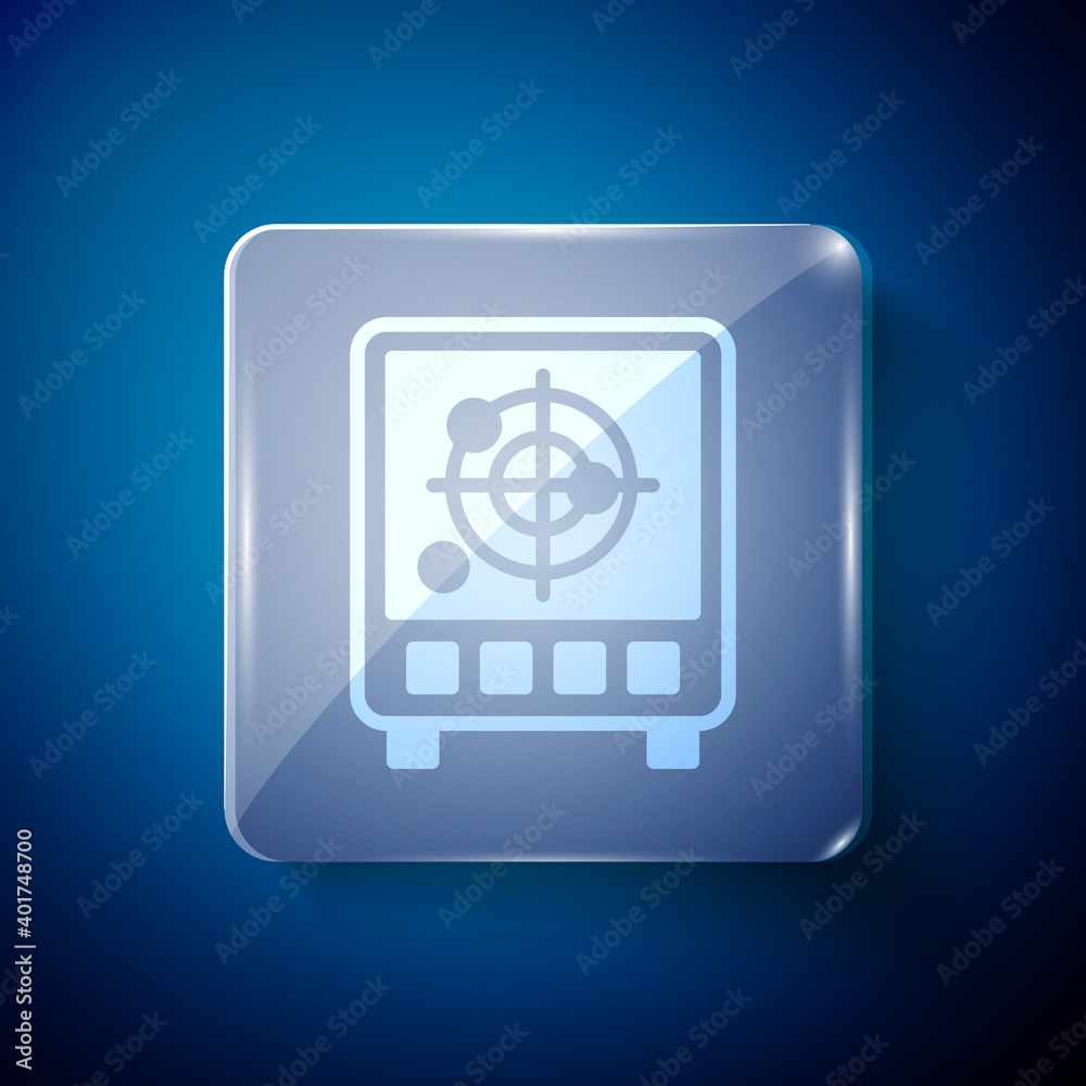 White Radar with targets on monitor in searching icon isolated on blue background. Search system. Navy sonar. Square glass panels. Vector. White Radar with targets on monitor in searching icon isolated on blue background. Search system. Navy sonar. Square glass panels. Vector.