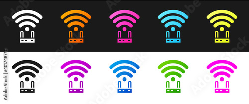 Set Router and wi-fi signal icon isolated on black and white background. Wireless ethernet modem router. Computer technology internet. Vector.