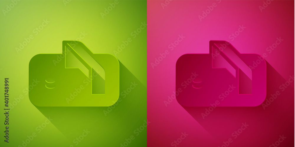 Paper cut Ice hockey goal with net for goalkeeper icon isolated on green and pink background. Paper art style. Vector. Paper cut Ice hockey goal with net for goalkeeper icon isolated on green and pink background. Paper art style. Vector.