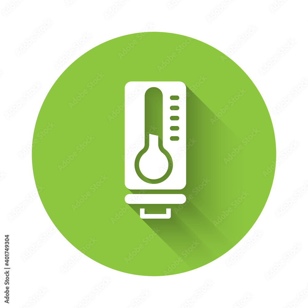 White Meteorology thermometer measuring heat and cold icon isolated with long shadow. Thermometer equipment showing hot or cold weather. Green circle button. Vector. White Meteorology thermometer measuring heat and cold icon isolated with long shadow. Thermometer equipment showing hot or cold weather. Green circle button. Vector.