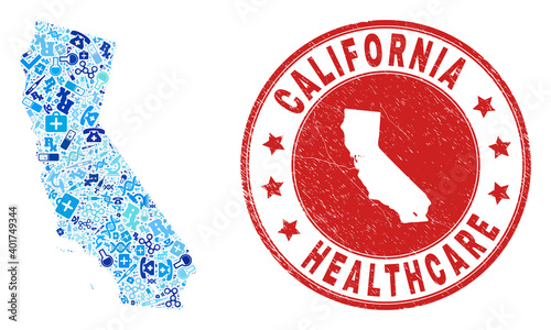 Vector collage California State map with injection icons, medicine symbols, and grunge doctor rubber imitation. Red round seal with grunge rubber texture and California State map word and map.