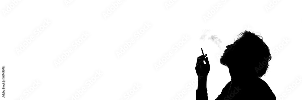 Monochrome silhouette of a smoking man isolated on white background. Banner panoramic. Copy space for text message.