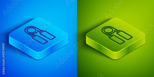 Isometric line Sport expander icon isolated on blue and green background. Sport equipment. Square button. Vector Illustration.