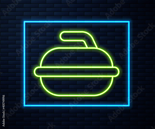 Glowing neon line Stone for curling sport game icon isolated on brick wall background. Sport equipment. Vector Illustration.