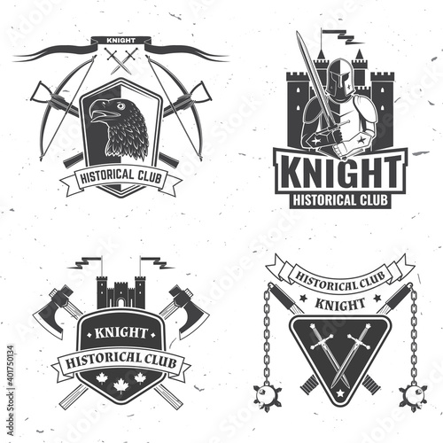 Knight historical club badge design. Vector. Concept for shirt, print, stamp, overlay or template. Vintage typography design with crossbows, eagle, battle axe, flail and shield silhouette