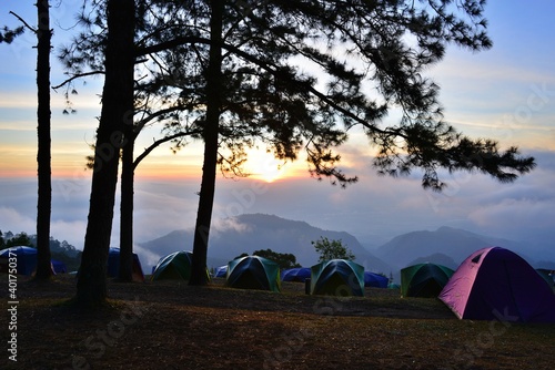 Camping area with misty morning background at the Doi Ang Khang  ChiangMai Thailand.  