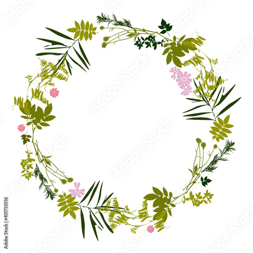 Flower Frame. Floral green wreaths. Forest herbs and flowers arranged in a wreath shape are ideal for wedding invitations and greeting cards. Meadow grasses.