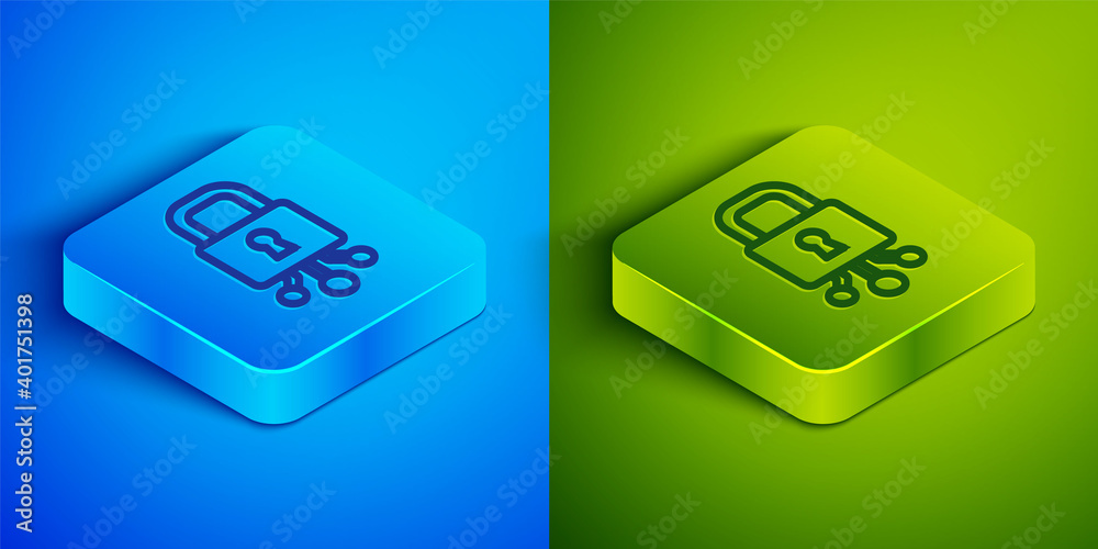 Isometric line Cyber security icon isolated on blue and green background. Closed padlock on digital circuit board. Safety concept. Digital data protection. Square button. Vector. Isometric line Cyber security icon isolated on blue and green background. Closed padlock on digital circuit board. Safety concept. Digital data protection. Square button. Vector.