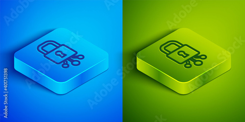 Isometric line Cyber security icon isolated on blue and green background. Closed padlock on digital circuit board. Safety concept. Digital data protection. Square button. Vector.