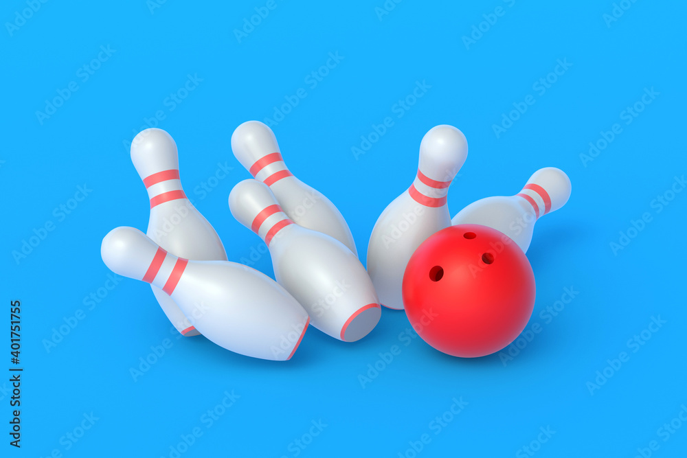Red bowling ball crashing white falling pins on blue background. Active sport. Hobby and leisure. Competition and championship. Win and success concept. 3d rendering Red bowling ball crashing white falling pins on blue background. Active sport. Hobby and leisure. Competition and championship. Win and success concept. 3d rendering