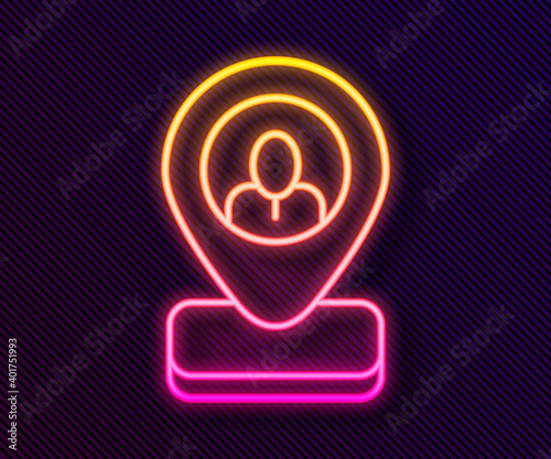 Glowing neon line Worker location icon isolated on black background. Vector.