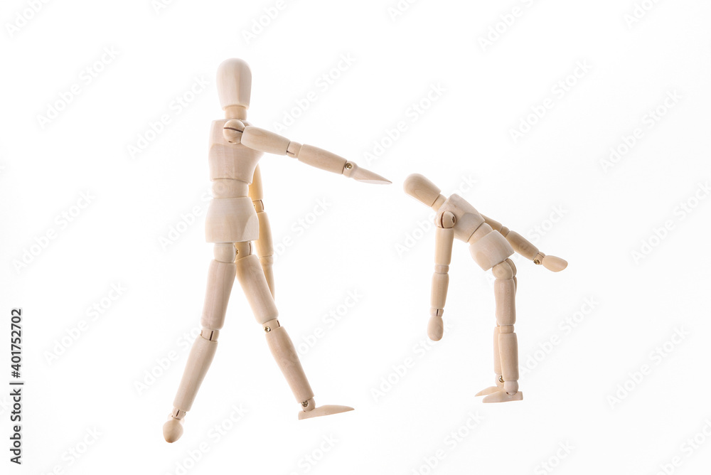 Angry parent puppet points with hand and scolds the child. Negative emotion, teenage problem concept. Isolated on white Angry parent puppet points with hand and scolds the child. Negative emotion, teenage problem concept. Isolated on white