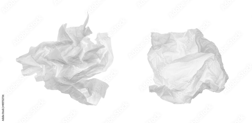 Used crumpled paper tissues on white background. Banner design