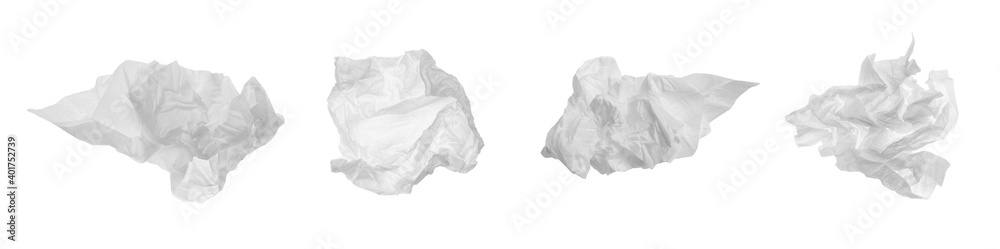 Set with used crumpled paper tissues on white background. Banner design