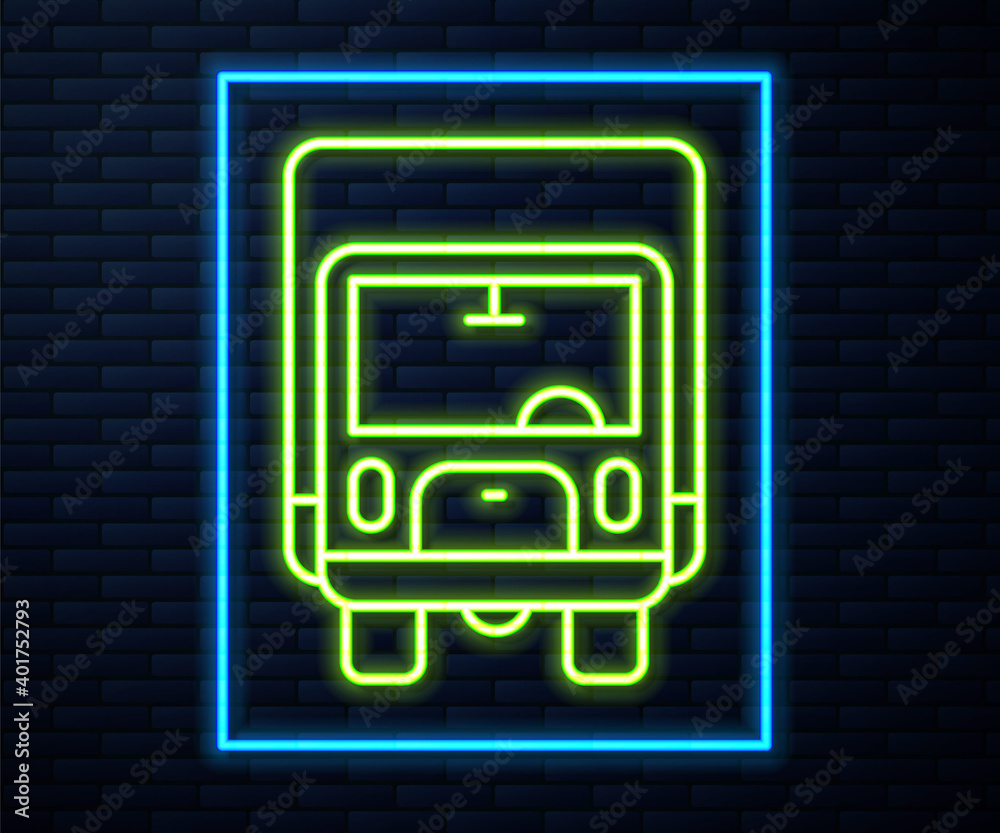 Glowing neon line Delivery cargo truck vehicle icon isolated on brick wall background. Vector. Glowing neon line Delivery cargo truck vehicle icon isolated on brick wall background. Vector.